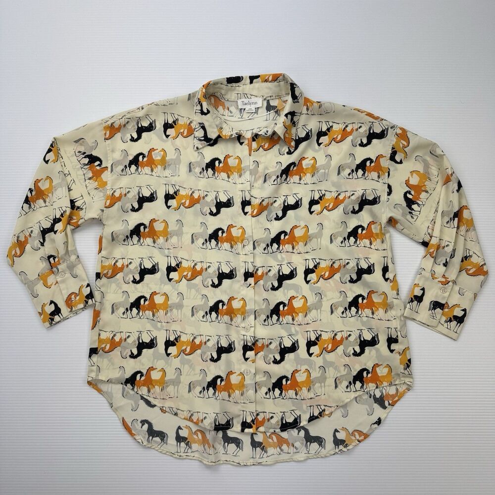 Taelynn Womens L Horse Print Blouse Button Down Shirt Equestrian Novelty - Picture 6 of 8